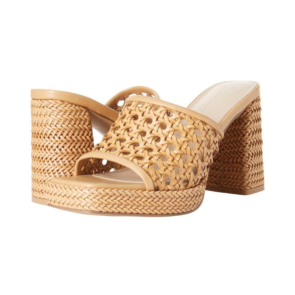 Tan Woven Block Heel Mules